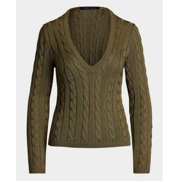 SOLDRalph Lauren Black Label 100% Silk Cable Knit V Neck Sweater, Military Green - Picture 6 of 14